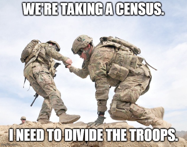 Comment your username, thank you. | WE'RE TAKING A CENSUS. I NEED TO DIVIDE THE TROOPS. | made w/ Imgflip meme maker