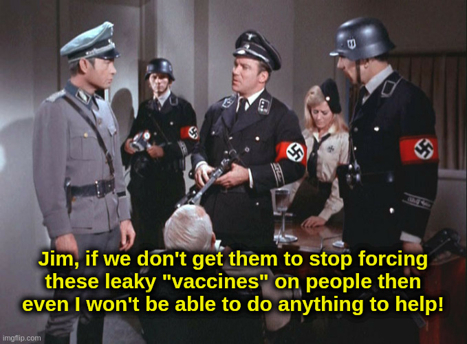 Vaccine McCoy | Jim, if we don't get them to stop forcing
these leaky "vaccines" on people then
even I won't be able to do anything to help! | image tagged in star trek,nazi,covid,vaccine,liberals | made w/ Imgflip meme maker