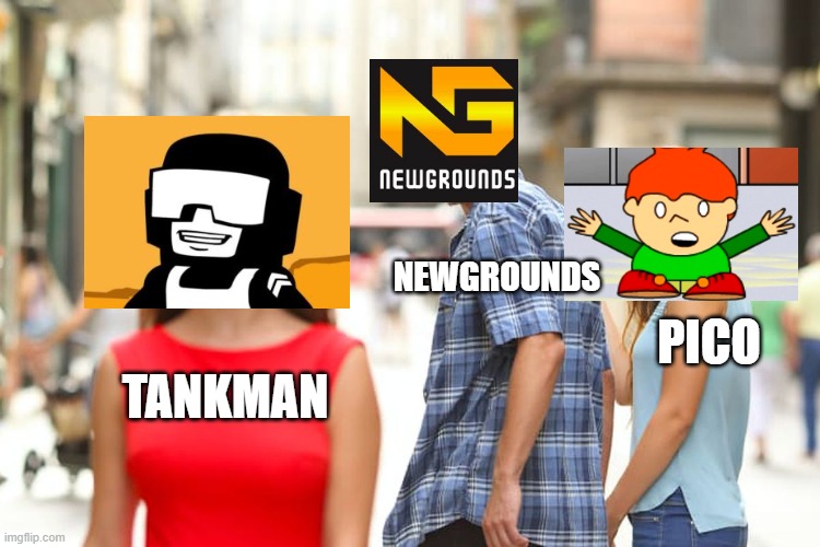 When Fulp chose Tankman as the new mascot | NEWGROUNDS; PICO; TANKMAN | image tagged in memes,distracted boyfriend | made w/ Imgflip meme maker