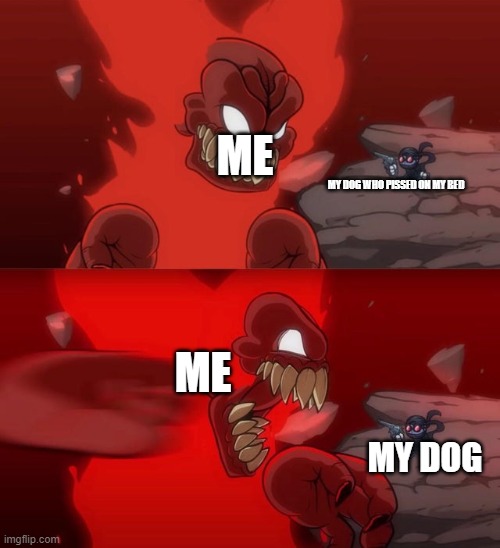 Tiky 2.0 |  ME; MY DOG WHO PISSED ON MY BED; ME; MY DOG | image tagged in tiky 2 0,dog,dog problems | made w/ Imgflip meme maker