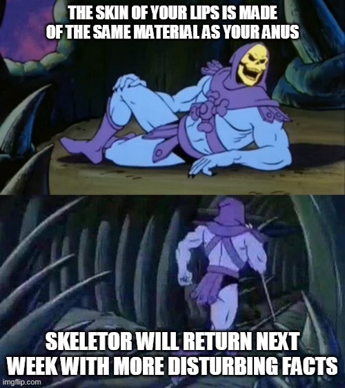Did you know? | THE SKIN OF YOUR LIPS IS MADE OF THE SAME MATERIAL AS YOUR ANUS; SKELETOR WILL RETURN NEXT WEEK WITH MORE DISTURBING FACTS | image tagged in skeletor disturbing facts | made w/ Imgflip meme maker