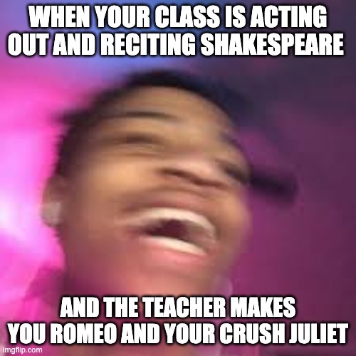 Shakespeare | WHEN YOUR CLASS IS ACTING OUT AND RECITING SHAKESPEARE; AND THE TEACHER MAKES YOU ROMEO AND YOUR CRUSH JULIET | image tagged in funny | made w/ Imgflip meme maker
