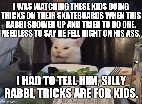 Salad cat | I WAS WATCHING THESE KIDS DOING TRICKS ON THEIR SKATEBOARDS WHEN THIS RABBI SHOWED UP AND TRIED TO DO ONE. NEEDLESS TO SAY HE FELL RIGHT ON HIS ASS. J M; I HAD TO TELL HIM, SILLY RABBI, TRICKS ARE FOR KIDS. | image tagged in salad cat | made w/ Imgflip meme maker