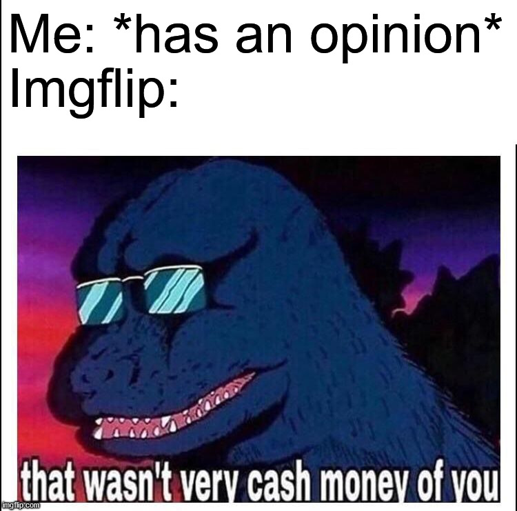 Sad. But true | Me: *has an opinion*
Imgflip: | image tagged in that wasn t very cash money,memes,funny,funny memes,imgflip,so true memes | made w/ Imgflip meme maker