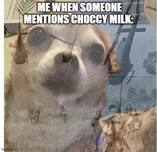 The great war | ME WHEN SOMEONE MENTIONS CHOCCY MILK: | image tagged in ptsd chihuahua | made w/ Imgflip meme maker