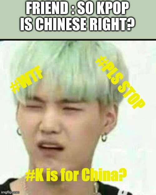 When someone judges bts | FRIEND : SO KPOP IS CHINESE RIGHT? #PLS STOP; #WTF; #K is for China? | image tagged in when someone judges bts | made w/ Imgflip meme maker