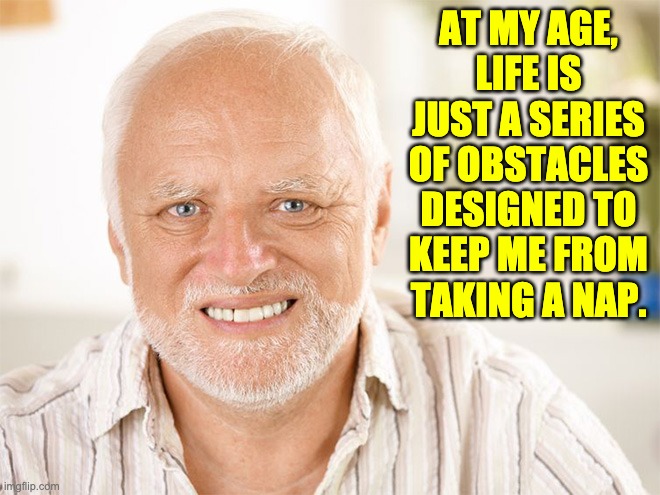 Harold | AT MY AGE, LIFE IS JUST A SERIES OF OBSTACLES DESIGNED TO KEEP ME FROM TAKING A NAP. | image tagged in hide the pain harold 2 | made w/ Imgflip meme maker