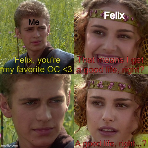Nope (´▽`ʃ♡ƪ) | Felix; Me; Felix, you're my favorite OC <3; That means I get a good life, right? A good life, right...? | image tagged in anakin padme 4 panel,original character,oc,im sorry little one,characters | made w/ Imgflip meme maker