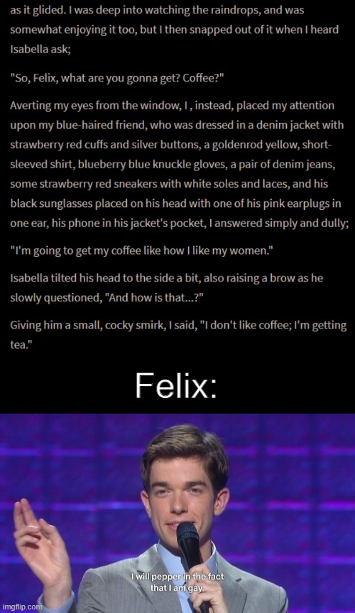 I love Felix so much ioehwgiwg <3333 (Excerpt from my book, 'The Night Room'). | Felix: | image tagged in i will pepper in the fact that i am gay,gays,gay rights,oc,original character,i love you | made w/ Imgflip meme maker