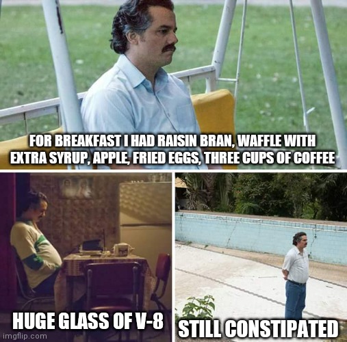 Sad Pablo Escobar Meme | FOR BREAKFAST I HAD RAISIN BRAN, WAFFLE WITH EXTRA SYRUP, APPLE, FRIED EGGS, THREE CUPS OF COFFEE; HUGE GLASS OF V-8; STILL CONSTIPATED | image tagged in memes,sad pablo escobar | made w/ Imgflip meme maker