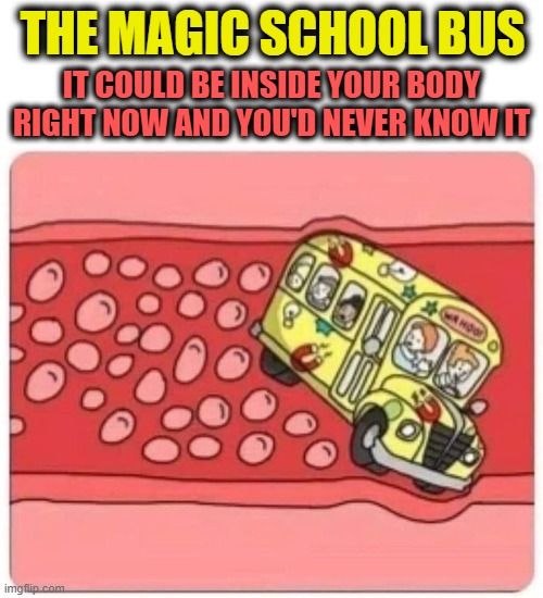 Unlawful to pass when red light flash | THE MAGIC SCHOOL BUS; IT COULD BE INSIDE YOUR BODY RIGHT NOW AND YOU'D NEVER KNOW IT | image tagged in magic school bus,passing,inside,unknown,television series | made w/ Imgflip meme maker
