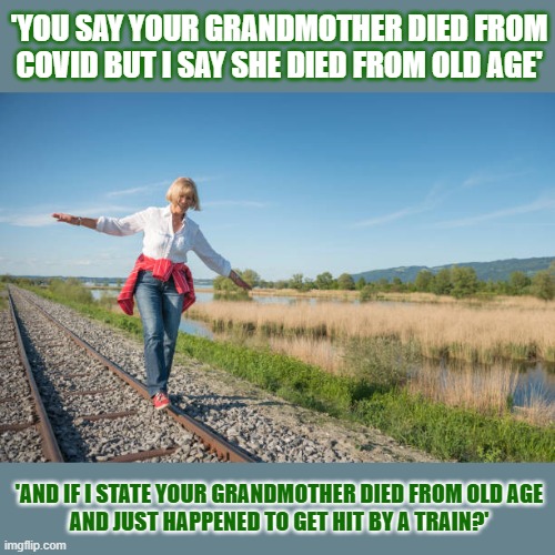 Do all old people die from old age? | 'YOU SAY YOUR GRANDMOTHER DIED FROM COVID BUT I SAY SHE DIED FROM OLD AGE'; 'AND IF I STATE YOUR GRANDMOTHER DIED FROM OLD AGE
AND JUST HAPPENED TO GET HIT BY A TRAIN?' | image tagged in covidiots,old,underlying conditions,train,covid19 | made w/ Imgflip meme maker