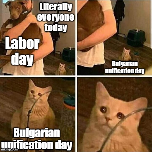 The cons of living in a small nation, amirite? | Literally everyone today; Labor day; Bulgarian unification day; Bulgarian unification day | image tagged in sad cat holding dog,labor day | made w/ Imgflip meme maker