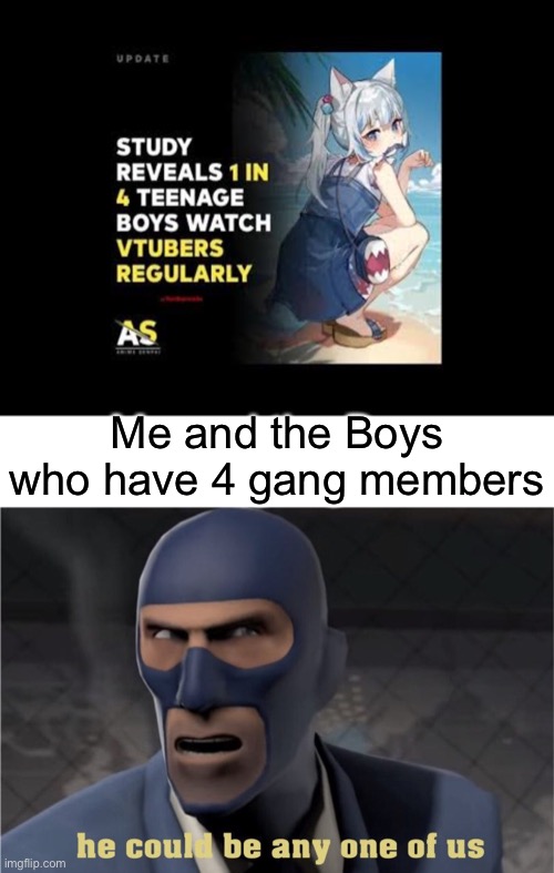 YOU LOOKIN KINDA SUS WITH THAT PHONE AND VIDEO YOU ARE WATCHING NGL BRO | Me and the Boys who have 4 gang members | image tagged in he could be any one of us | made w/ Imgflip meme maker