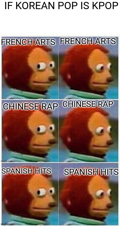 IF KOREAN POP IS KPOP; FRENCH ARTS; FRENCH ARTS; CHINESE RAP; CHINESE RAP; SPANISH HITS; SPANISH HITS | image tagged in memes,monkey puppet | made w/ Imgflip meme maker