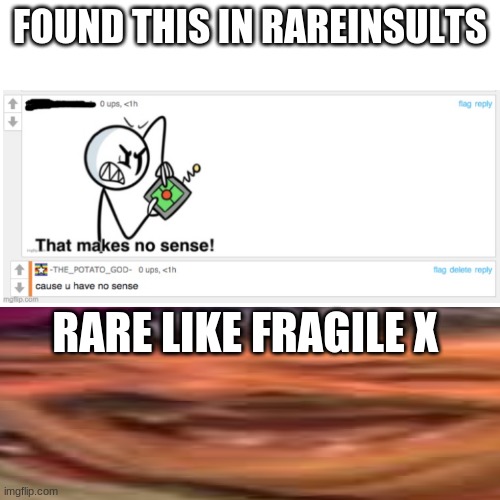 haaHAahAHAHaaHAhaHAAAAHahhhaA | FOUND THIS IN RAREINSULTS; RARE LIKE FRAGILE X | image tagged in blank | made w/ Imgflip meme maker