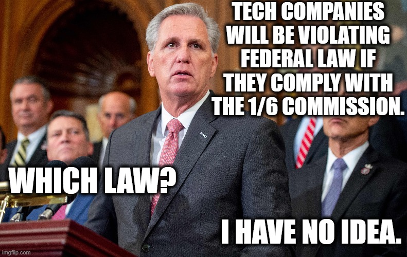 Typical. | TECH COMPANIES WILL BE VIOLATING FEDERAL LAW IF THEY COMPLY WITH THE 1/6 COMMISSION. WHICH LAW? I HAVE NO IDEA. | image tagged in gop,republicans,insurrection,maga,traitors,russian | made w/ Imgflip meme maker