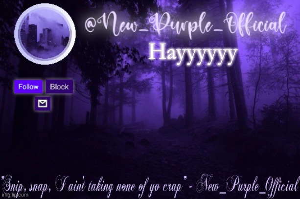 Purple's Announcement | Hayyyyyy | image tagged in purple's announcement | made w/ Imgflip meme maker