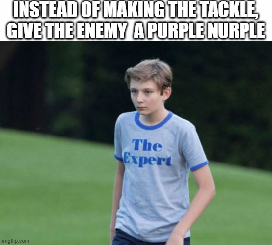 expert football advice #2 | INSTEAD OF MAKING THE TACKLE, GIVE THE ENEMY  A PURPLE NURPLE | image tagged in white text box,the expert,sometimes my genius is it's almost frightening | made w/ Imgflip meme maker