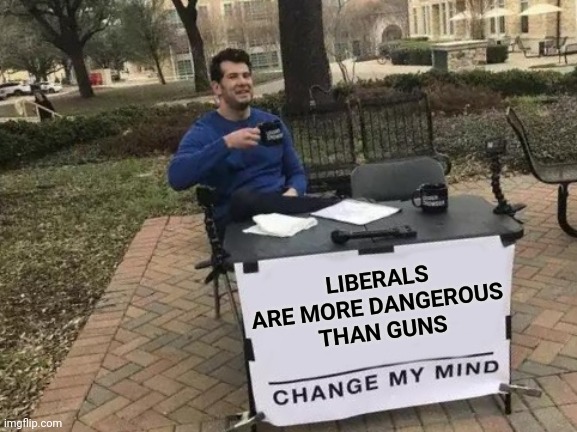 I'D TRUST MY GUNS MORE | LIBERALS ARE MORE DANGEROUS 
THAN GUNS | image tagged in memes,change my mind,liberals,politics | made w/ Imgflip meme maker