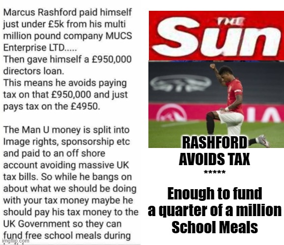 Tax Avoidance | RASHFORD
AVOIDS TAX
*****

Enough to fund
a quarter of a million
School Meals | image tagged in premier league | made w/ Imgflip meme maker