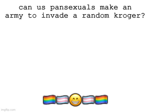 Blank White Template | can us pansexuals make an army to invade a random kroger? 🏳️‍🌈🏳️‍⚧️😁🏳️‍⚧️🏳️‍🌈 | image tagged in blank white template | made w/ Imgflip meme maker