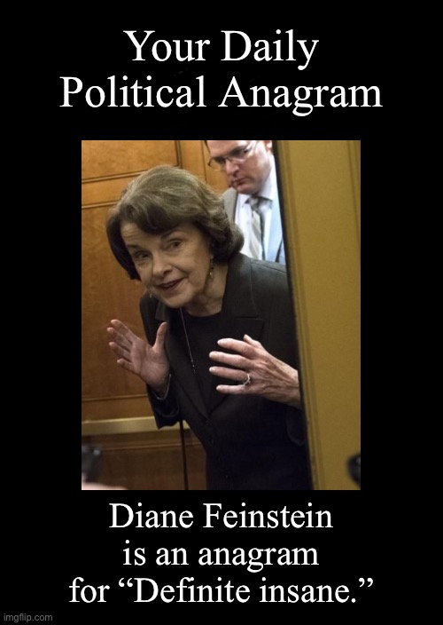 Your Daily Political Anagram; Diane Feinstein is an anagram for “Definite insane.” | image tagged in diane feinstein,black blank,anagram | made w/ Imgflip meme maker