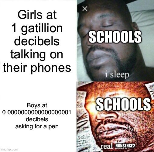 It be true tho | Girls at 1 gatillion decibels talking on their phones; SCHOOLS; Boys at 0.0000000000000000001 decibels asking for a pen; SCHOOLS; NONSENSE? | image tagged in memes,sleeping shaq,school,girls,boys,girls vs boys | made w/ Imgflip meme maker
