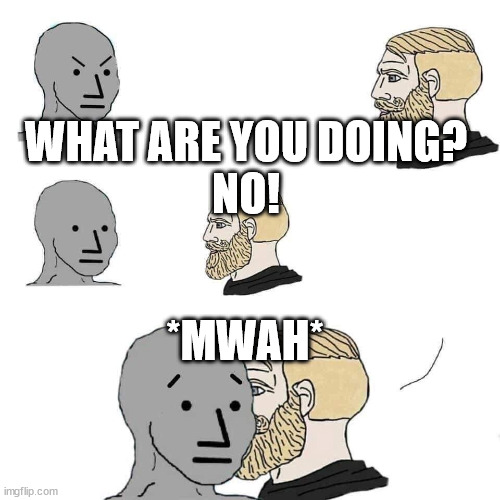 The NPC fears the alpha man | WHAT ARE YOU DOING?
NO! *MWAH* | image tagged in the npc fears the alpha man | made w/ Imgflip meme maker