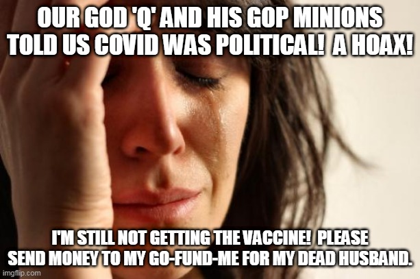 First World Problems | OUR GOD 'Q' AND HIS GOP MINIONS TOLD US COVID WAS POLITICAL!  A HOAX! I'M STILL NOT GETTING THE VACCINE!  PLEASE SEND MONEY TO MY GO-FUND-ME FOR MY DEAD HUSBAND. | image tagged in first world problems,covid death,hoax,qanon | made w/ Imgflip meme maker