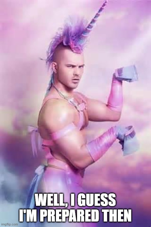 Gay Unicorn | WELL, I GUESS I'M PREPARED THEN | image tagged in gay unicorn | made w/ Imgflip meme maker