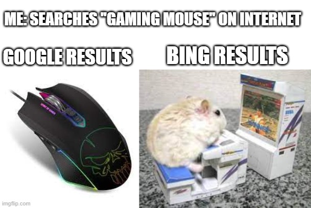 Stupid bing results | ME: SEARCHES ''GAMING MOUSE'' ON INTERNET; BING RESULTS; GOOGLE RESULTS | image tagged in bing,google search,funny,memes,funny memes,gaming | made w/ Imgflip meme maker