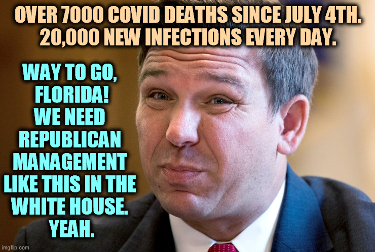 The only way for Republicans to win elections is to kill off other Republicans. | OVER 7000 COVID DEATHS SINCE JULY 4TH.
20,000 NEW INFECTIONS EVERY DAY. WAY TO GO, 
FLORIDA!
WE NEED 
REPUBLICAN 
MANAGEMENT 
LIKE THIS IN THE 
WHITE HOUSE. 
YEAH. | image tagged in ron de santis killing more republicans in florida,florida,covid-19,pandemic,infection,death | made w/ Imgflip meme maker