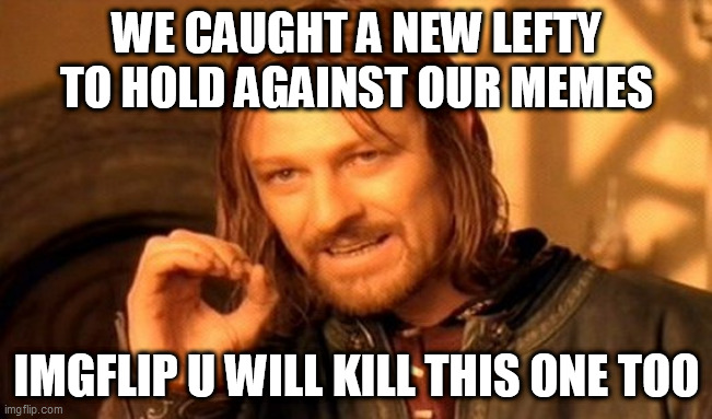 One Does Not Simply Meme | WE CAUGHT A NEW LEFTY TO HOLD AGAINST OUR MEMES; IMGFLIP U WILL KILL THIS ONE TOO | image tagged in memes,one does not simply | made w/ Imgflip meme maker