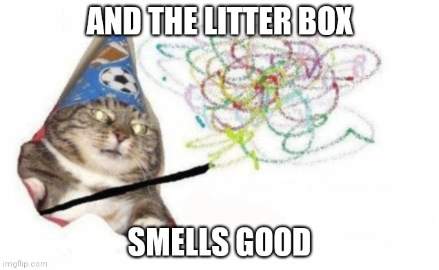 Woosh cat |  AND THE LITTER BOX; SMELLS GOOD | image tagged in woosh cat | made w/ Imgflip meme maker