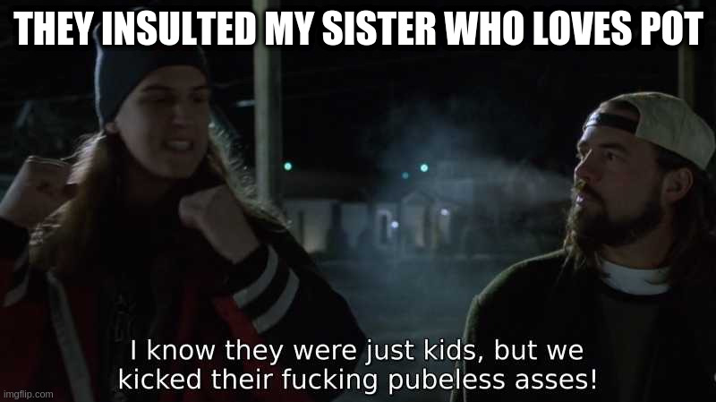 Kicked Ass | THEY INSULTED MY SISTER WHO LOVES POT | image tagged in kicked ass | made w/ Imgflip meme maker