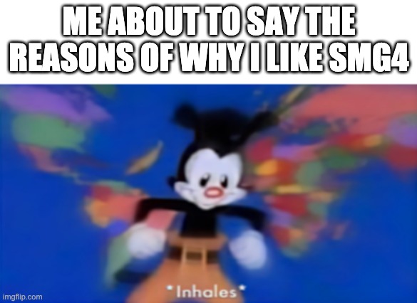 Yakko inhale | ME ABOUT TO SAY THE REASONS OF WHY I LIKE SMG4 | image tagged in yakko inhale | made w/ Imgflip meme maker