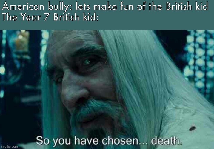 H | American bully: lets make fun of the British kid
The Year 7 British kid: | image tagged in so you have chosen death,memes,school,british | made w/ Imgflip meme maker