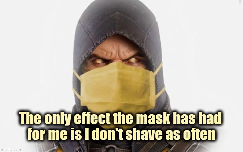 Scorpion medical mask | The only effect the mask has had 
for me is I don't shave as often | image tagged in scorpion medical mask | made w/ Imgflip meme maker