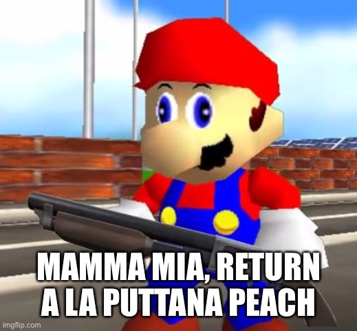 SMG4 Shotgun Mario | MAMMA MIA, RETURN A LA PUTTANA PEACH | image tagged in smg4 shotgun mario | made w/ Imgflip meme maker