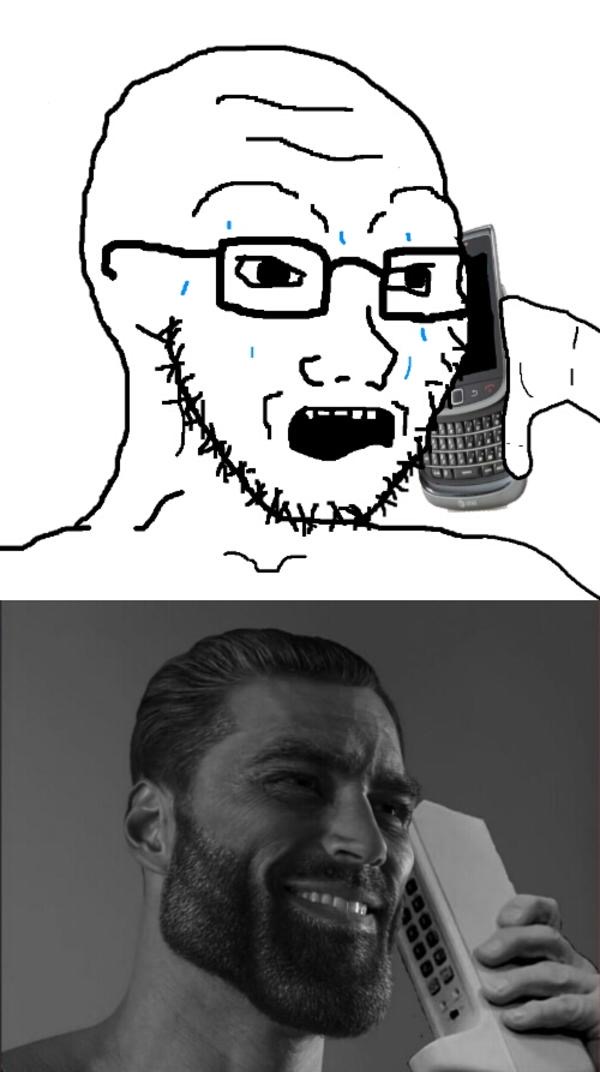 High Quality Soyjak on phone with Gigachad Blank Meme Template