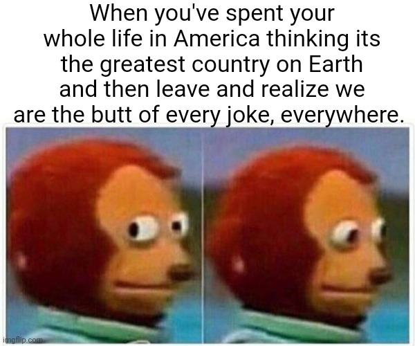 At least the jokes are good | When you've spent your whole life in America thinking its the greatest country on Earth and then leave and realize we are the butt of every joke, everywhere. | image tagged in memes,monkey puppet,america | made w/ Imgflip meme maker