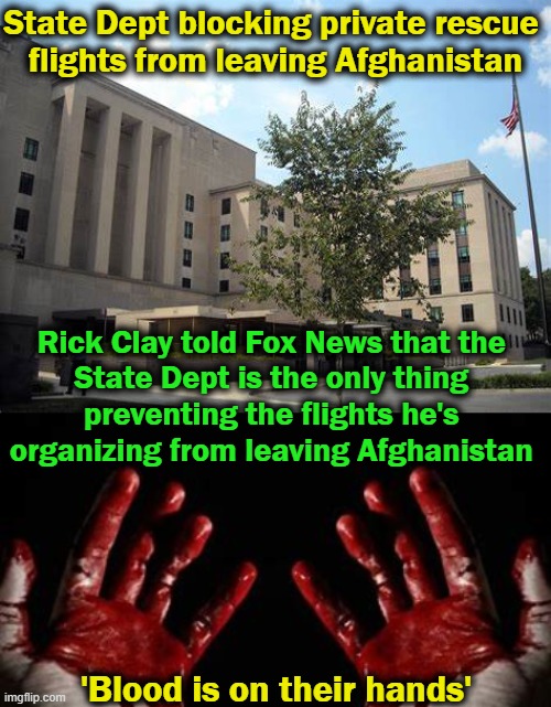 State Department Snafu Scenario of Private Evacuation Efforts | State Dept blocking private rescue 
flights from leaving Afghanistan; Rick Clay told Fox News that the 
State Dept is the only thing 
preventing the flights he's 
organizing from leaving Afghanistan; 'Blood is on their hands' | image tagged in political meme,joe biden,state department,afghanistan,americans | made w/ Imgflip meme maker