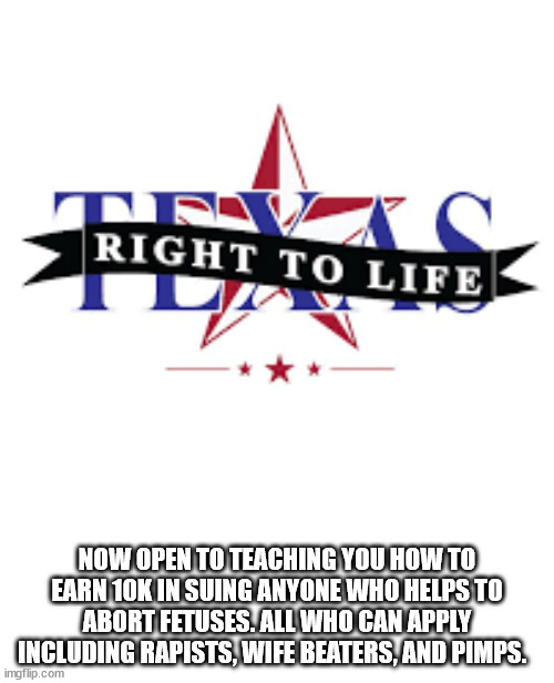 Texas Right to sue people | NOW OPEN TO TEACHING YOU HOW TO EARN 10K IN SUING ANYONE WHO HELPS TO ABORT FETUSES. ALL WHO CAN APPLY INCLUDING RAPISTS, WIFE BEATERS, AND PIMPS. | image tagged in planned parenthood,right to life,rapist,abortion,texas | made w/ Imgflip meme maker