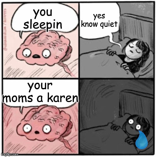 Brain Before Sleep | yes know quiet; you sleepin; your moms a karen | image tagged in brain before sleep | made w/ Imgflip meme maker