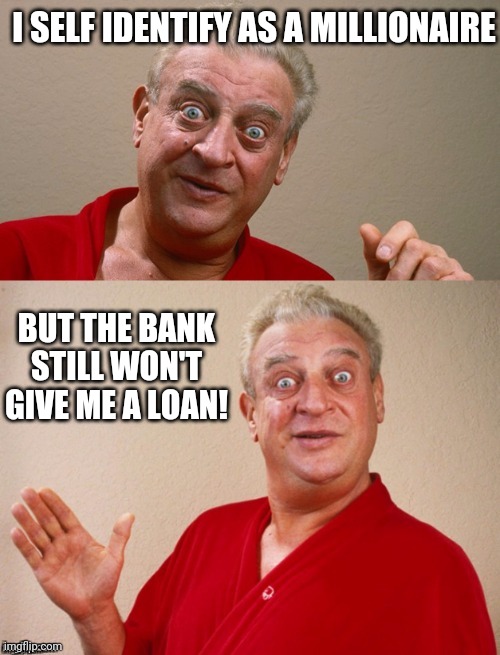 Classic Rodney | I SELF IDENTIFY AS A MILLIONAIRE BUT THE BANK STILL WON'T GIVE ME A LOAN! | image tagged in classic rodney | made w/ Imgflip meme maker