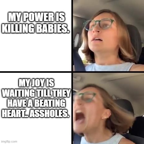 SJW Freakout | MY POWER IS KILLING BABIES. MY JOY IS WAITING TILL THEY HAVE A BEATING HEART.. ASSHOLES. | image tagged in sjw freakout | made w/ Imgflip meme maker