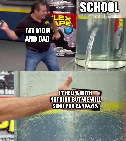 Flex Tape | SCHOOL; MY MOM AND DAD; IT HELPS WITH NOTHING BUT WE WILL SEND YOU ANYWAYS | image tagged in flex tape | made w/ Imgflip meme maker