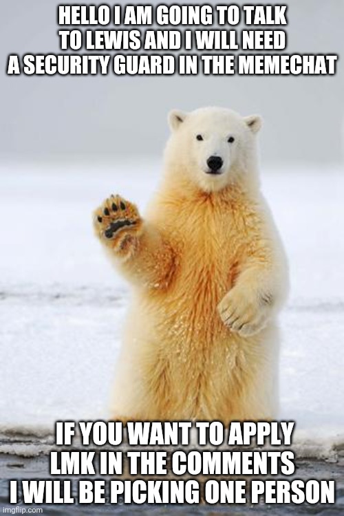 Let me know in the comments | HELLO I AM GOING TO TALK TO LEWIS AND I WILL NEED A SECURITY GUARD IN THE MEMECHAT; IF YOU WANT TO APPLY LMK IN THE COMMENTS I WILL BE PICKING ONE PERSON | image tagged in hello polar bear | made w/ Imgflip meme maker