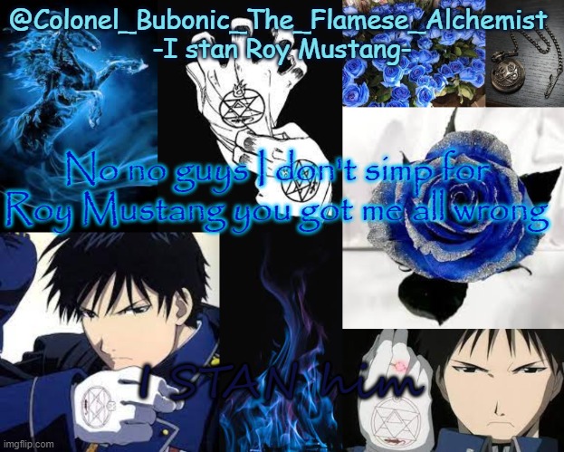 Roy Tempo again | No no guys I don't simp for Roy Mustang you got me all wrong; I STAN him | image tagged in roy tempo again | made w/ Imgflip meme maker